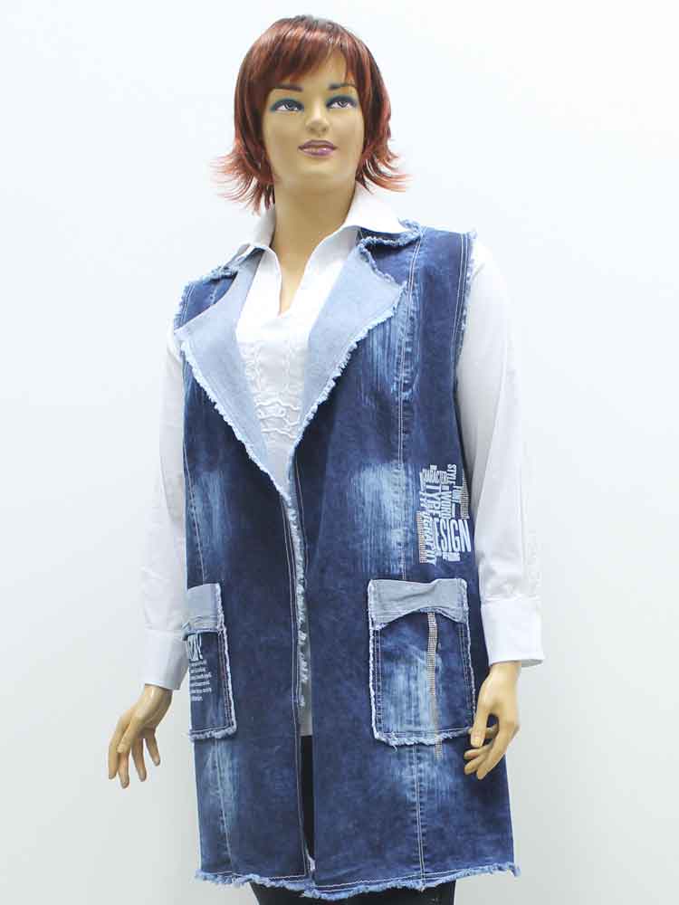 Жилет женский стрейчевый джинсовый с аппликацией большого размера, 2019. Магазин «Пышная Дама», Луганск.