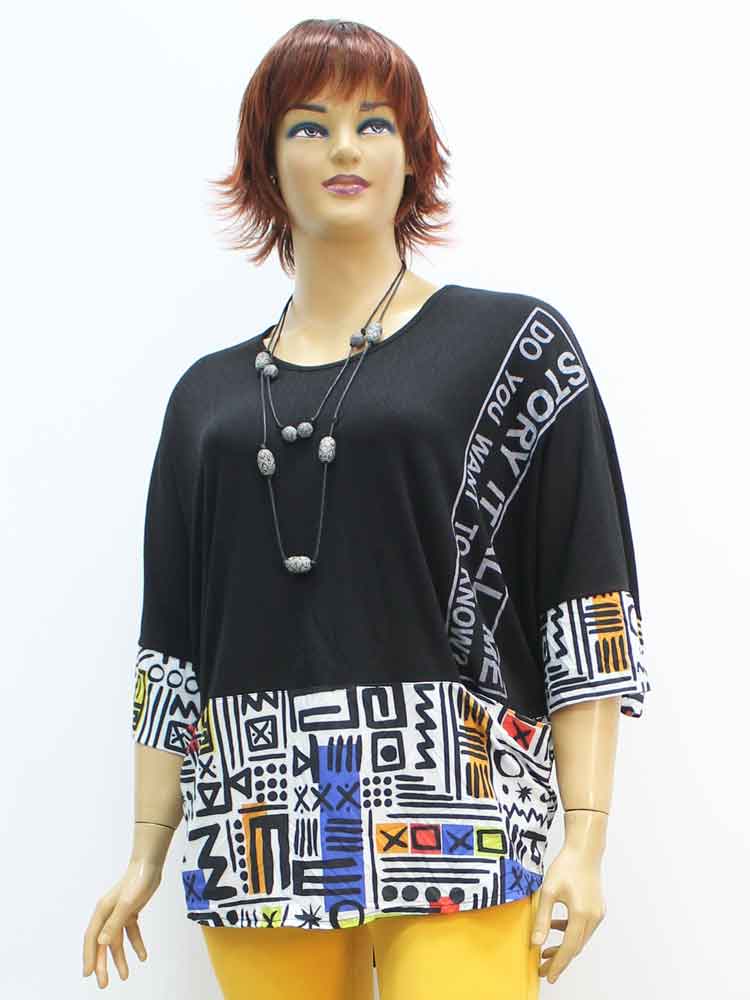 Блуза женская комбинированная с декоративным принтом большого размера. Магазин «Пышная Дама», Луганск.