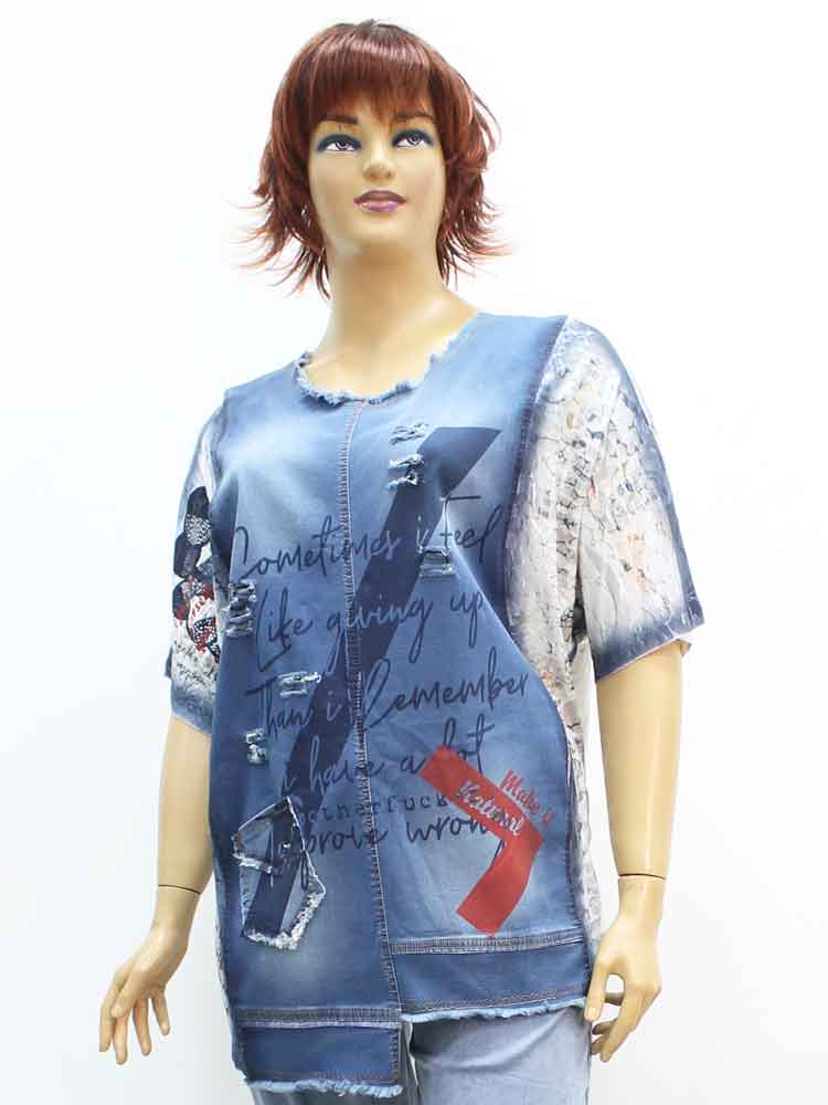 Футболка женская комбинированная джинсовая с декоративным принтом большого размера. Магазин «Пышная Дама», Луганск.