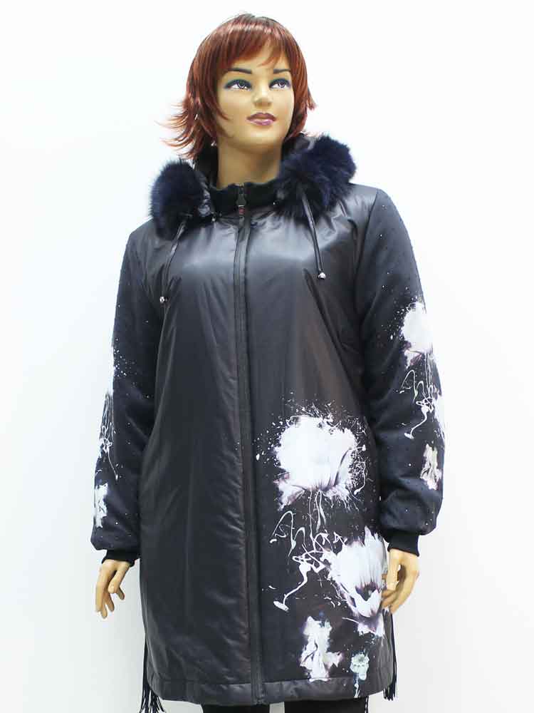 Куртка зимняя женская с меховой отделкой и декоративным принтом большого размера. Магазин «Пышная Дама», Луганск.