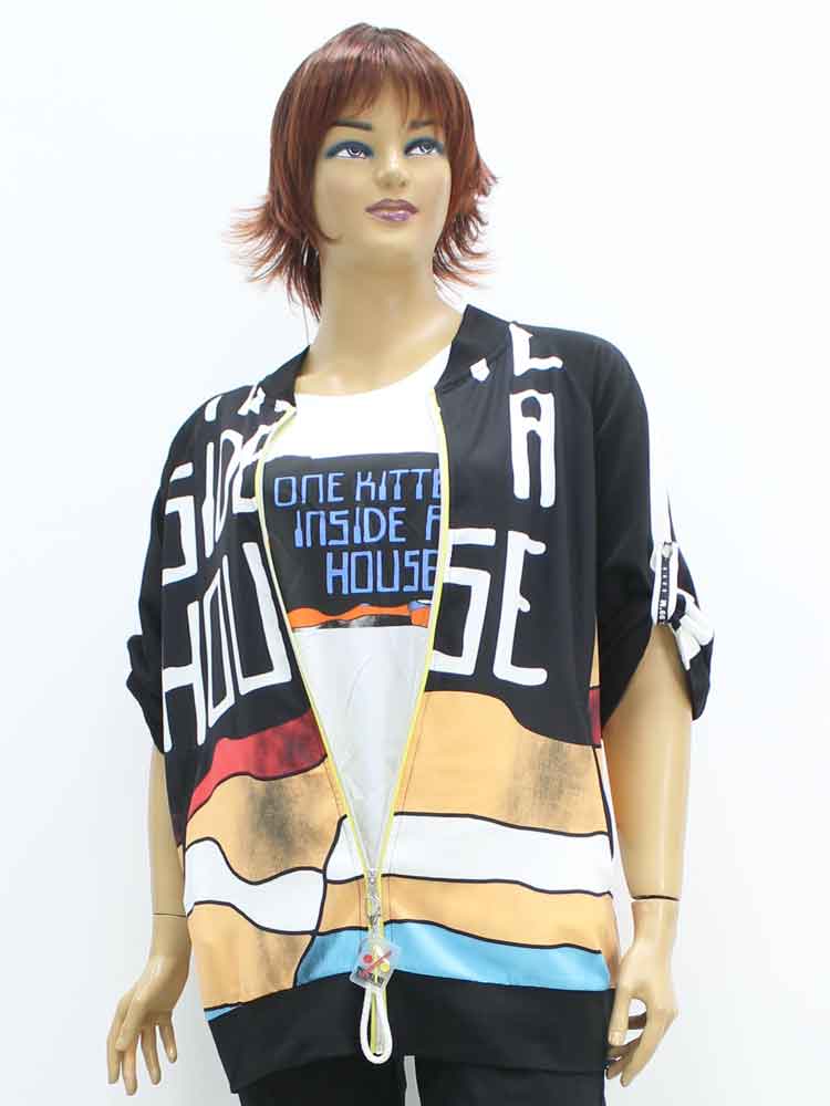 Кофта женская комбинированная с футболкой и декоративным принтом большого размера, 2021. Магазин «Пышная Дама», Луганск.