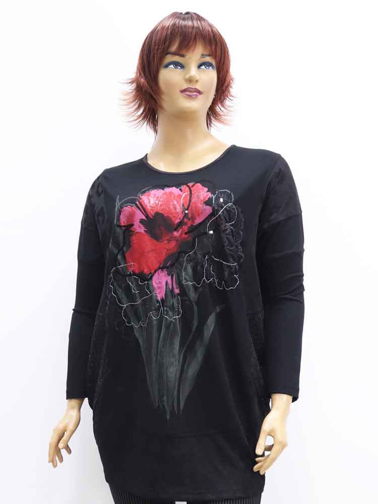 Блуза женская трикотажная комбинированная с декоративным принтом и аппликацией большого размера. Магазин «Пышная Дама», Луганск.