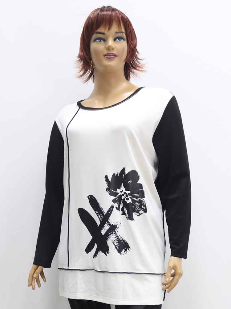Блуза женская трикотажная комбинированная с декоративным принтом большого размера, 2023. Магазин «Пышная Дама», Луганск.